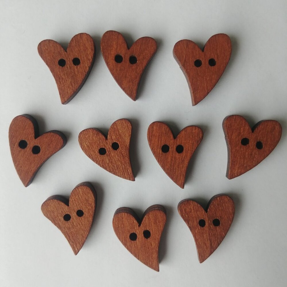 4/$20 Brown wooden wood heart buttons set of ten 10